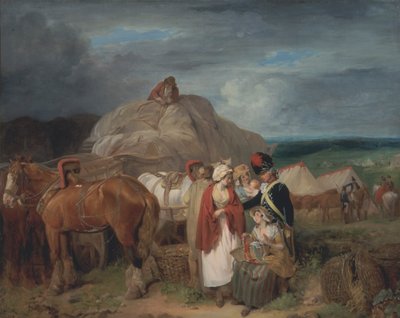 Soldato con donne di campagna che vendono nastri, vicino a un campo militare da Francis Wheatley