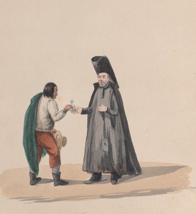 Un canonico che consegna un crocifisso a un uomo, da un gruppo di disegni che raffigurano costumi peruviani da Francisco