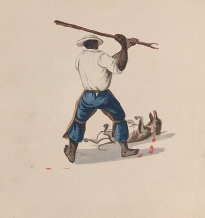 Un uomo visto da dietro che picchia un cane con un bastone, da un gruppo di disegni che raffigurano..., ca. 1848 da Francisco