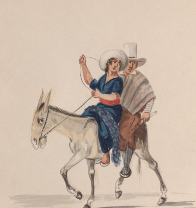 Un uomo e una donna indiani che cavalcano un asino, da un gruppo di disegni che raffigurano peruviani da Francisco