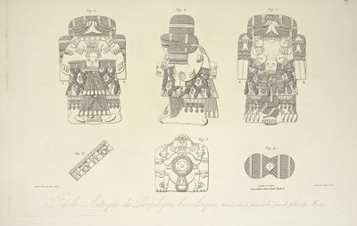 Idolo azteco di porfido basaltico, trovato sotto la Grand Plaza di Città del Messico, inciso da Cloquet, illustrazione da 