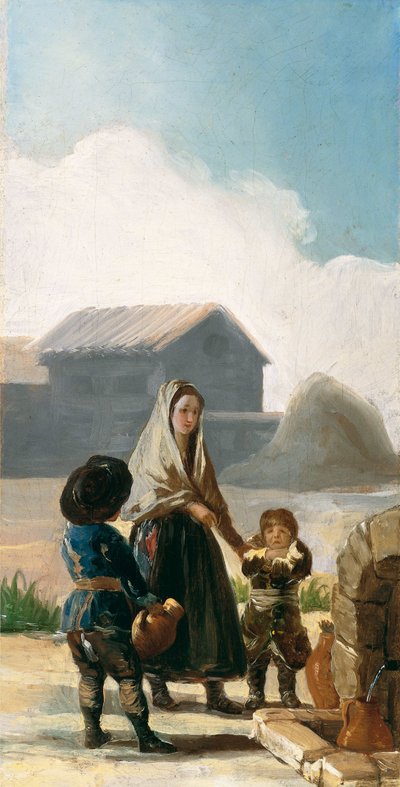 Una donna e due bambini vicino a una fontana da Francisco de Goya