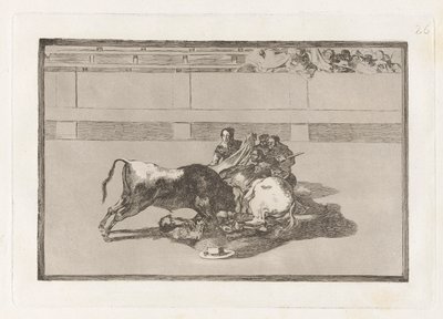 Caduta di un picador dal suo cavallo sotto il toro, Tavola 26 da La tauromaquia da Francisco de Goya