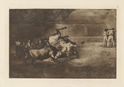 Cavallo rovesciato da un toro, Tavola B da La tauromachia (terza edizione) da Francisco de Goya