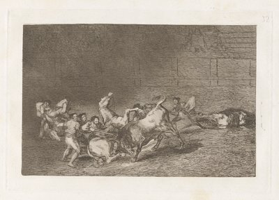 Dos grupos de picadores arrolados de seguida por un solo toro, Tavola 32 da La tauromaquia da Francisco de Goya