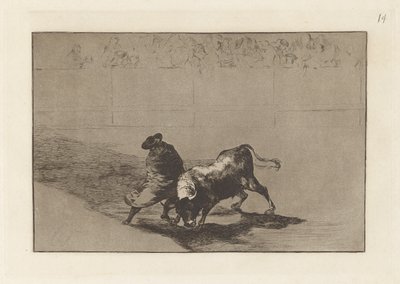 El diestrísimo estudiante de Falces, embozado burla al toro con sus quiebros, Tavola 14 da La tauromaquia da Francisco de Goya