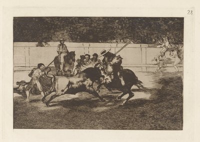 El esforzado Rendon picando un toro, de cuya suerte muri? en la plaza de Madrid, Tavola 28 da La tauromaquia da Francisco de Goya