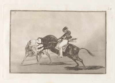El mismo Ceballos montado sobre otro toro quiebra rejones en la plaza de Madrid, Tavola 24 da La tauromaquia da Francisco de Goya
