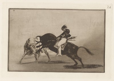 El mismo Ceballos montado sobre otro toro quiebra rejones en la plaza de Madrid, Piastra 24 da La tauromaquia da Francisco de Goya