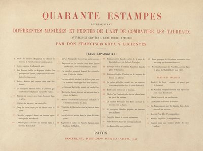 Foglio esplicativo, da La tauromachia (Terza Edizione) da Francisco de Goya