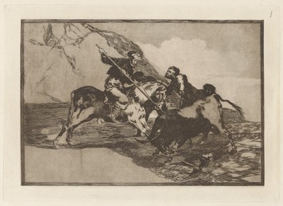 Modo con cui gli antichi spagnoli cacciavano i tori a cavallo in campagna, Tavola 1 da La tauromachia da Francisco de Goya