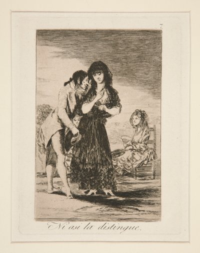 Ni asi la distingue (Anche così non riesce a distinguerla), tav. 7 da Los caprichos da Francisco de Goya