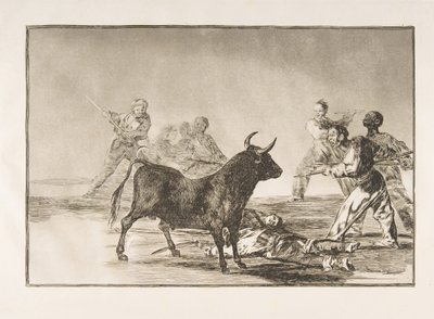 Tavola 12 dalla Tauromachia: La folla taglia i tendini del toro con lance, falcetti, bande..., 1816 da Francisco de Goya