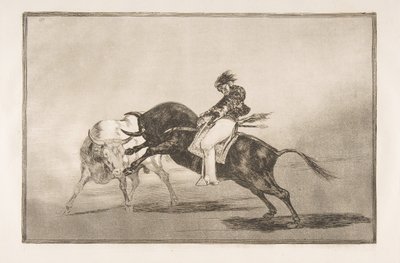 Tavola 24 della Tauromachia: Lo stesso Ceballos montato su un altro toro spezza una corta lancia da Francisco de Goya
