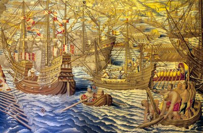 Le navi e il barkage - Conquista di Tunisi (dettaglio) - Arazzo di Francisco e Cornelius Van der Goten (XVIII secolo), tessuto alla fabbrica reale di arazzi, metà XVIII secolo, dopo l