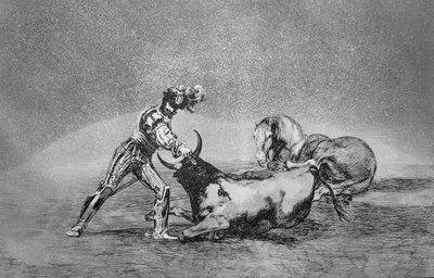 Un cavaliere spagnolo uccide il toro dopo aver perso il cavallo, tavola 9 di 