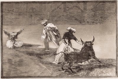 Corrida: I Mori giocano con il mantello con un altro toro in un recinto da Francisco de Goya