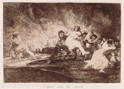 Francisco de Goya y Lucientes (1746-1828). Fuggono tra le fiamme. 1810-1812. (16,1 x 23,3 cm). Tavola 47 di "I disastri della guerra". Acquaforte. SPAGNA. MADRID (COMUNITÀ AUTONOMA). Madrid. Biblioteca Nazionale da Francisco Jose de Goya y Lucientes