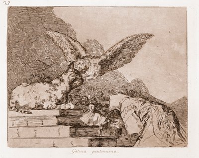 I disastri della guerra: Pantomima del gatto (incisione da disegno preparatorio) da Francisco de Goya
