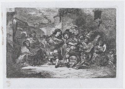 Tavola 17: musicisti di strada e figure danzanti, dalla serie di usanze e passatempi di..., 1850 da Francisco Lameyer Berenguer