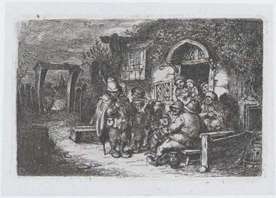 Piatto 18: musicisti di strada e altre figure fuori da una taverna, dalla serie di costumi da Francisco Lameyer Berenguer