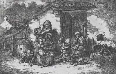 Tavola 19: una famiglia e un ragazzo che gioca con un cane fuori da una casa, dalla serie di costumi..., 1850 da Francisco Lameyer Berenguer