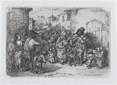 Tavola 3: un gruppo di musicisti di strada, dalla serie di costumi e passatempi degli spagnoli, 1850 da Francisco Lameyer Berenguer