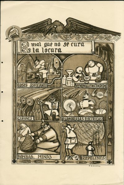 Illustrazione di Francisco Sancha Lengo - Foglio volante, circa 1915 - El mal que no se cura es la locura - Guerra del 14-18, Germania Prussia, Gas asfissiante, Lingua spagnola, Stampa estera da Francisco Sancha y Lengo