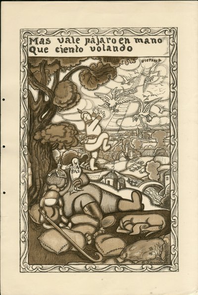 Illustrazione di Francisco Sancha Lengo (1874-1936) - Foglio volante, ca. 1915 - Mas vale pajaro en mano que ciento volando - Guerra del 14-18, Germania Prussia, Belligeranti e simboli, Vittoria, Pace, Lingua spagnola, Stampa estera da Francisco Sancha y Lengo