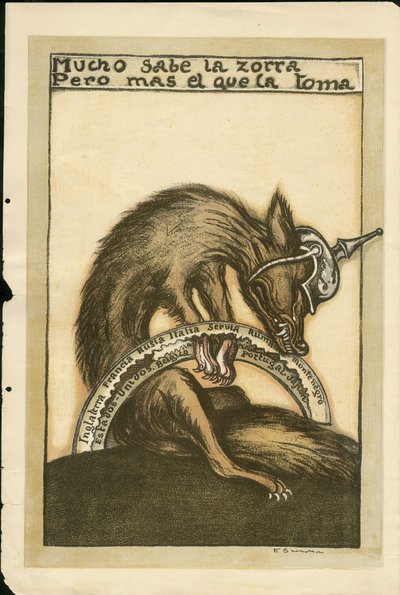 Illustrazione di Francisco Sancha Lengo - Foglio volante, ca. 1915 - Mucho sabe la zorra pero mal el que la toma - Guerra del 14-18, Germania Prussia, Belligeranti e Simboli, Alleati, Lingua spagnola, Stampa estera - Volpe -, Ostruzione, Animazione da Francisco Sancha y Lengo