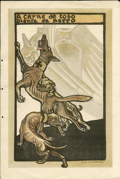Illustrazione di Francisco Sancha Lengo (1874-1936) - Foglio volante, circa 1915 - A carne de lobo diente de perro - Guerra del 14-18, Germania Prussia, Inghilterra Gran Bretagna, Belligeranti e simboli, Francia, Lingua spagnola, Stampa estera - Guglielmo  da Francisco Sancha y Lengo