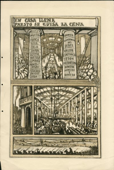 Illustrazione di Francisco Sancha Lengo - Foglio volante, circa 1915 - En casa llena presto se guisa la cena - Guerra del 14-18, Cannoni, proiettili, Fabbriche industriali, Lingua spagnola, Mobilitazione, Stampa estera da Francisco Sancha y Lengo