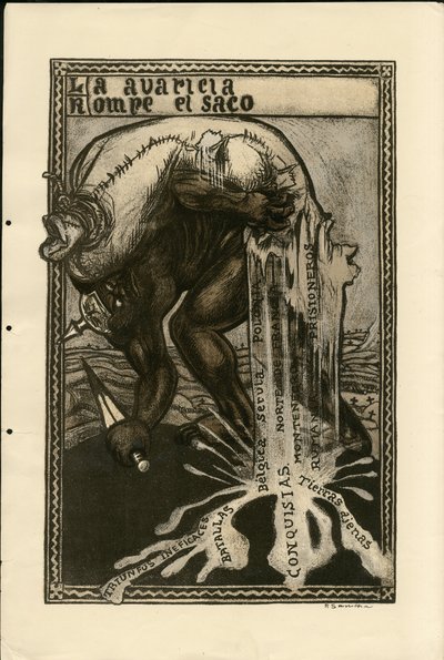 Illustrazione di Francisco Sancha Lengo - Foglio volante, circa 1915 - Guerra del 14-18, Germania Prussia, Argento, Belligeranti e simboli, Lingua spagnola, Stampa estera da Francisco Sancha y Lengo