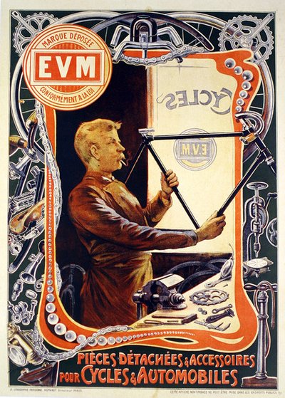 Poster pubblicitario degli accessori per biciclette E.V.M. da Francisco Tamagno