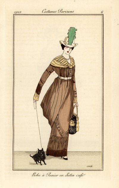 Donna in abito panier in raso color caffè con cane da compagnia, incisione dal Journal des Dames et des Modes di Tommaso Antongini, Aux Bureaux du Journal des Dames, Parigi da Francesc Xavier Gosé