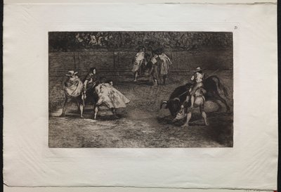 Corride: Un torero montato sulle spalle di un assistente, infilza un toro da Francisco de Goya