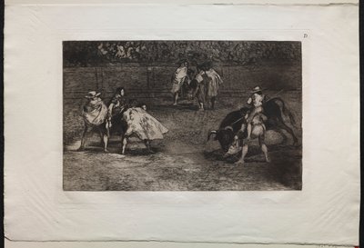 Corride: Un torero montato sulle spalle di un assistente, infilzando un toro da Francisco de Goya