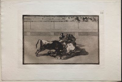 Corride: Un picador è disarcionato e cade sotto il toro da Francisco de Goya