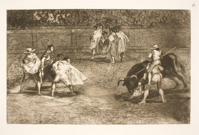 Un torero, seduto sulle spalle di un aiutante, infilza un toro da Francisco de Goya