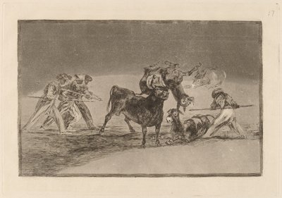 I Mori usano gli asini come barriera per difendersi dal toro con le corna coperte di sfere da Francisco de Goya