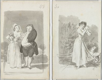 Prostituta che sollecita un uomo grasso e brutto (recto); Giovane donna che si torce le mani sul corpo nudo di un uomo (verso) da Francisco de Goya