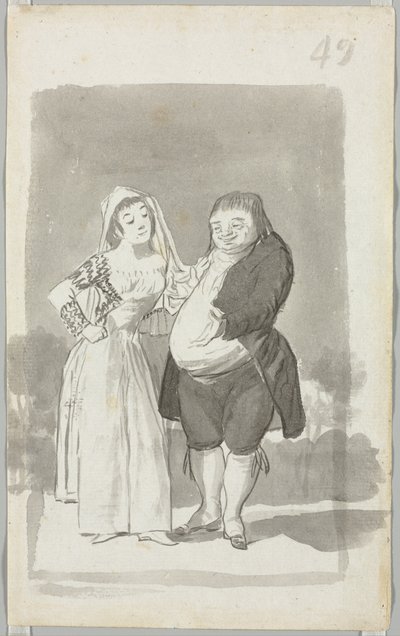 Prostituta che sollecita un uomo grasso e brutto recto, giovane donna che si torce le mani...verso, 1796-97 da Francisco de Goya
