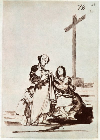 Donne e bambini vicino a una croce (incisione) da Francisco de Goya