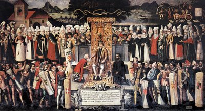 Cerimonia del bacio della mano dopo la dichiarazione dei privilegi da parte del re Ferdinando il Cattolico (1452-1516) da Francisco de Mendieta y Retes