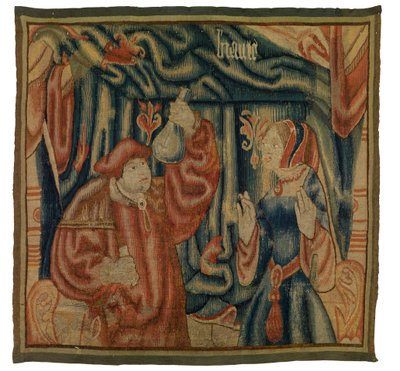 Frammento di arazzo raffigurante un interno con medico e donna, Beaute, francese o fiammingo, realizzato all