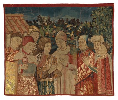 Frammento di arazzo non identificato con otto figure, Una Disputa forse, seconda metà del XV secolo da Franco-Flemish School