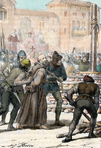 Esecuzione del riformatore religioso italiano Arnaldo da Brescia il 18 giugno 1155, incisione da 