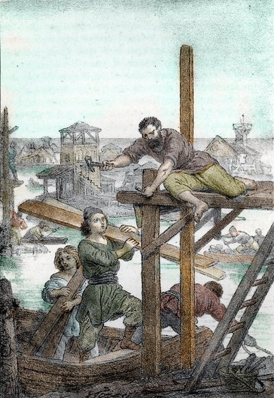 I rifugiati cacciati dagli Unni di Attila fondano le basi della città di Venezia, V secolo (disegno da 