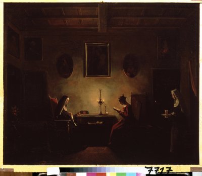 Scena in un monastero, una giovane ragazza che legge alla luce delle candele, due suore nella stanza da Francois Marius Granet