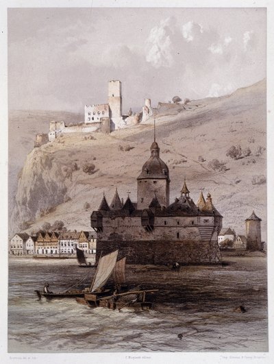 Castello a Pfalz, Germania. In "Il Reno monumentale e pittoresco". Litografie di Fourmais e Stroobant da Francois Stroobant